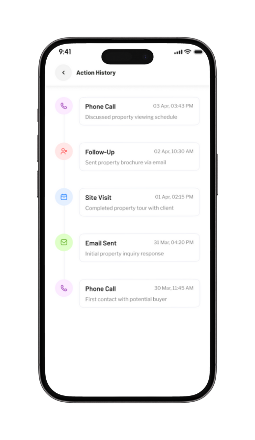 SalesApp action history timeline showing phone calls, follow-ups, site visits and emails for a lead