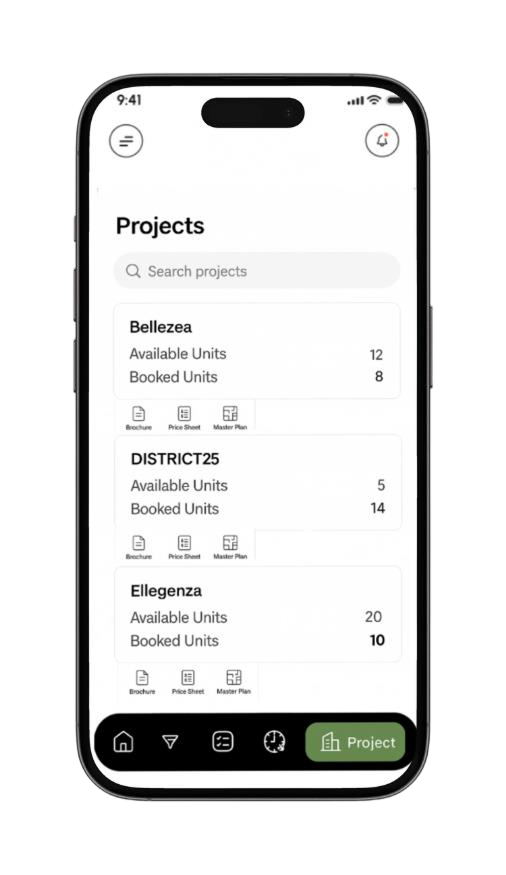 SalesApp project master screen with brochures, price sheets and available units